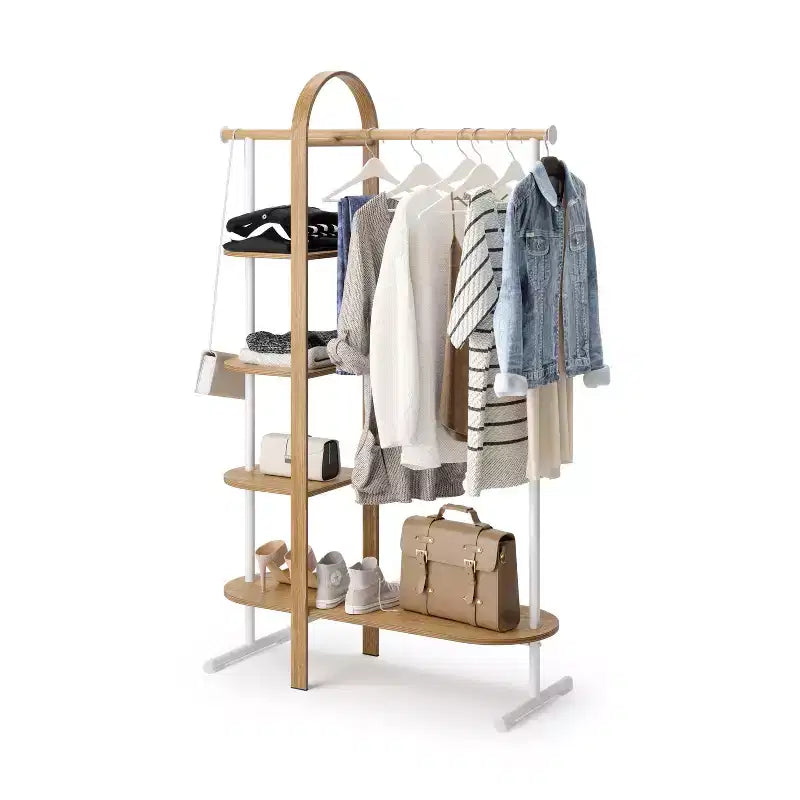 Umbra Bellwood Garment Rack White/Natural: Eucalyptus Frame, Fixed Rod & Shelves, 65.74" H, 121 lb Capacity