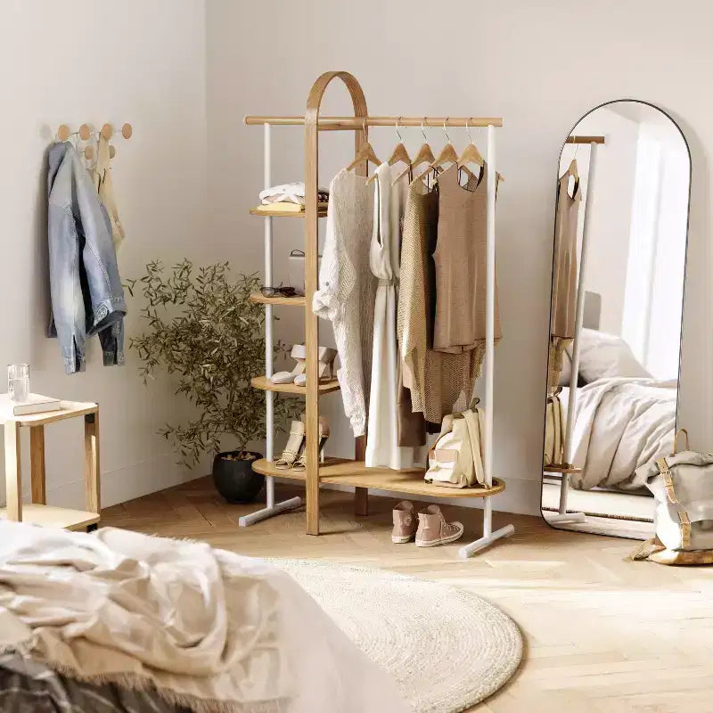 Umbra Bellwood Garment Rack White/Natural: Eucalyptus Frame, Fixed Rod & Shelves, 65.74" H, 121 lb Capacity
