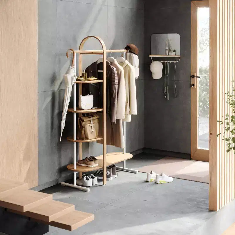 Umbra Bellwood Garment Rack White/Natural: Eucalyptus Frame, Fixed Rod & Shelves, 65.74" H, 121 lb Capacity