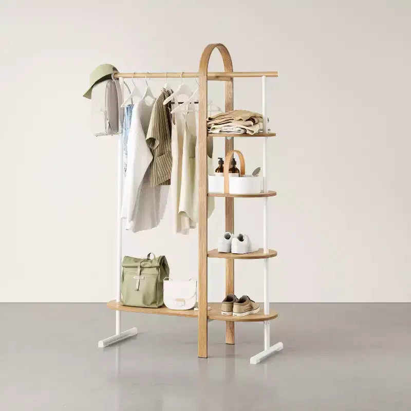Umbra Bellwood Garment Rack White/Natural: Eucalyptus Frame, Fixed Rod & Shelves, 65.74" H, 121 lb Capacity