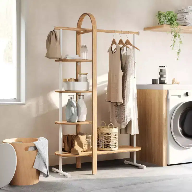 Umbra Bellwood Garment Rack White/Natural: Eucalyptus Frame, Fixed Rod & Shelves, 65.74" H, 121 lb Capacity
