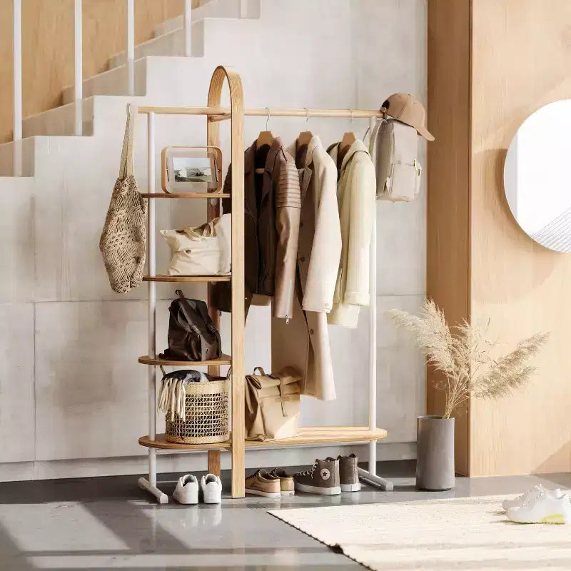 Umbra Bellwood Garment Rack White/Natural: Eucalyptus Frame, Fixed Rod & Shelves, 65.74" H, 121 lb Capacity