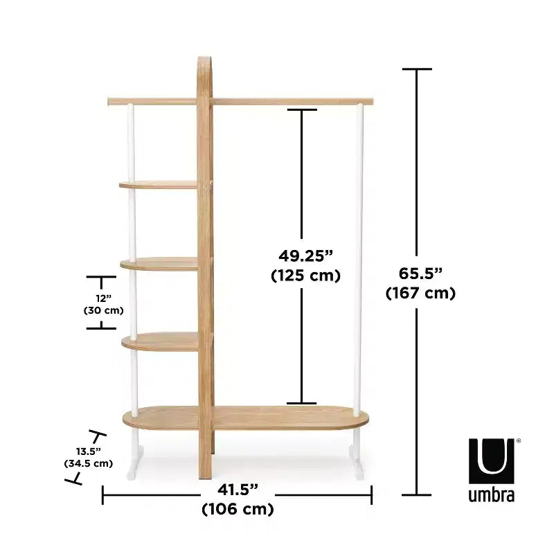 Umbra Bellwood Garment Rack White/Natural: Eucalyptus Frame, Fixed Rod & Shelves, 65.74" H, 121 lb Capacity