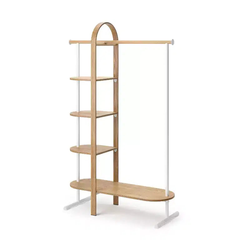 Umbra Bellwood Garment Rack White/Natural: Eucalyptus Frame, Fixed Rod & Shelves, 65.74" H, 121 lb Capacity