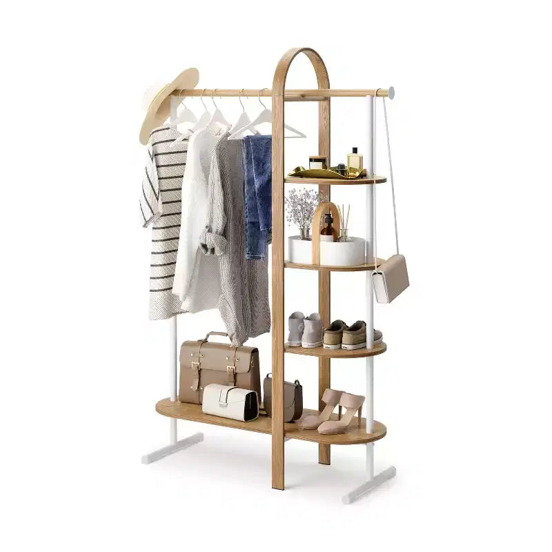 Umbra Bellwood Garment Rack White/Natural: Eucalyptus Frame, Fixed Rod & Shelves, 65.74" H, 121 lb Capacity