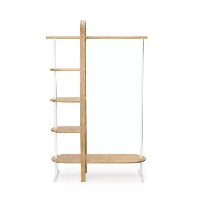 Umbra Bellwood Garment Rack White/Natural: Eucalyptus Frame, Fixed Rod & Shelves, 65.74" H, 121 lb Capacity