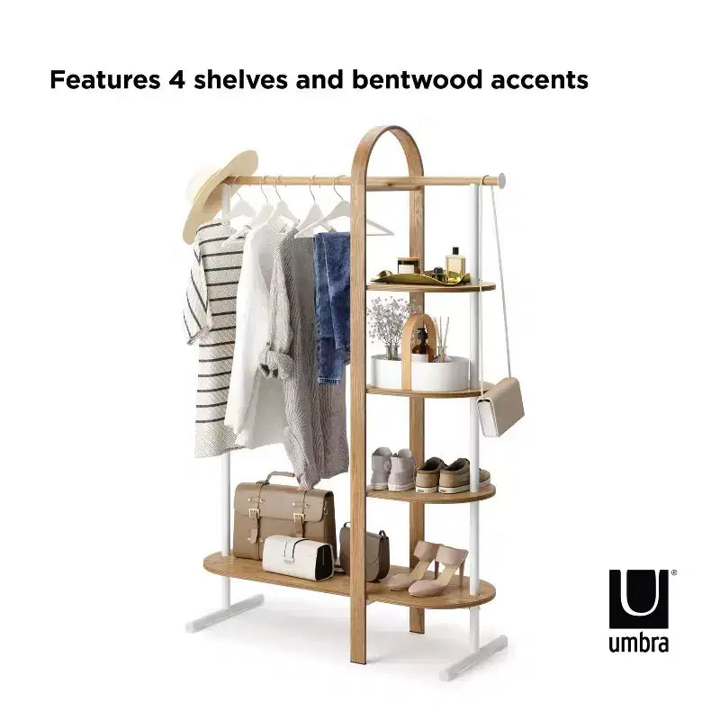 Umbra Bellwood Garment Rack White/Natural: Eucalyptus Frame, Fixed Rod & Shelves, 65.74" H, 121 lb Capacity