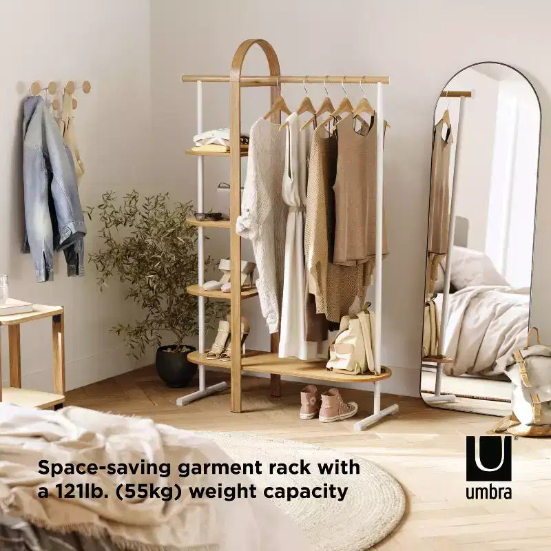 Umbra Bellwood Garment Rack White/Natural: Eucalyptus Frame, Fixed Rod & Shelves, 65.74" H, 121 lb Capacity