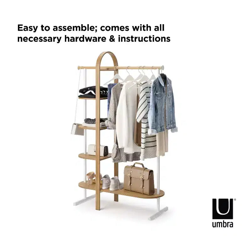 Umbra Bellwood Garment Rack White/Natural: Eucalyptus Frame, Fixed Rod & Shelves, 65.74" H, 121 lb Capacity