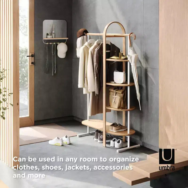 Umbra Bellwood Garment Rack White/Natural: Eucalyptus Frame, Fixed Rod & Shelves, 65.74" H, 121 lb Capacity