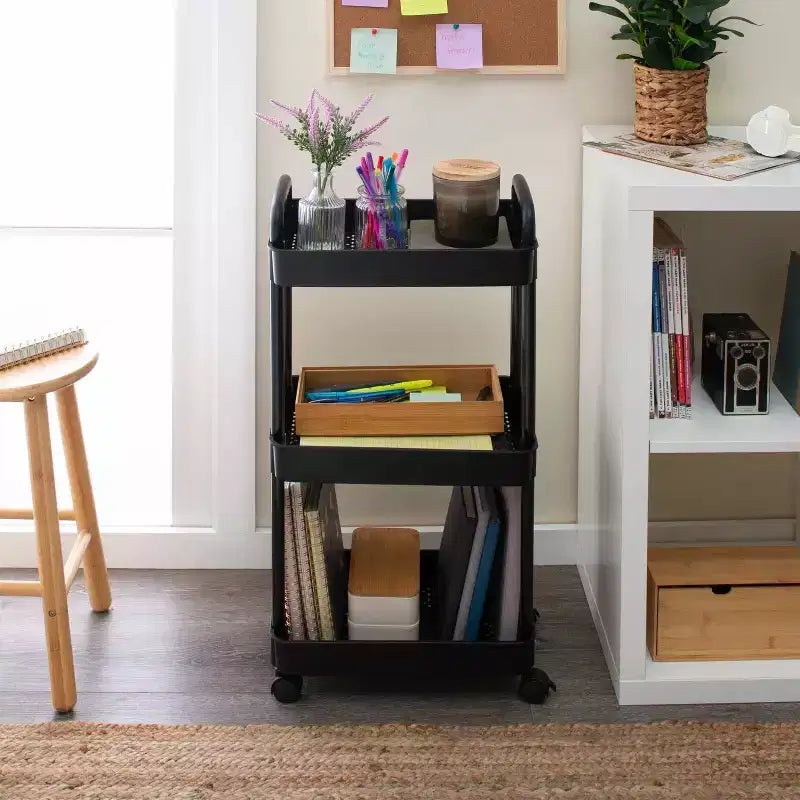 Organize It All 3 Tier Storage Rolling Utility Cart with Wheels Black
