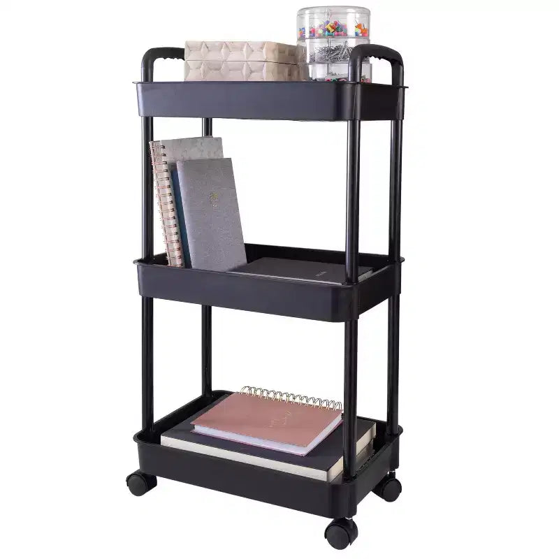 Organize It All 3 Tier Storage Rolling Utility Cart with Wheels Black