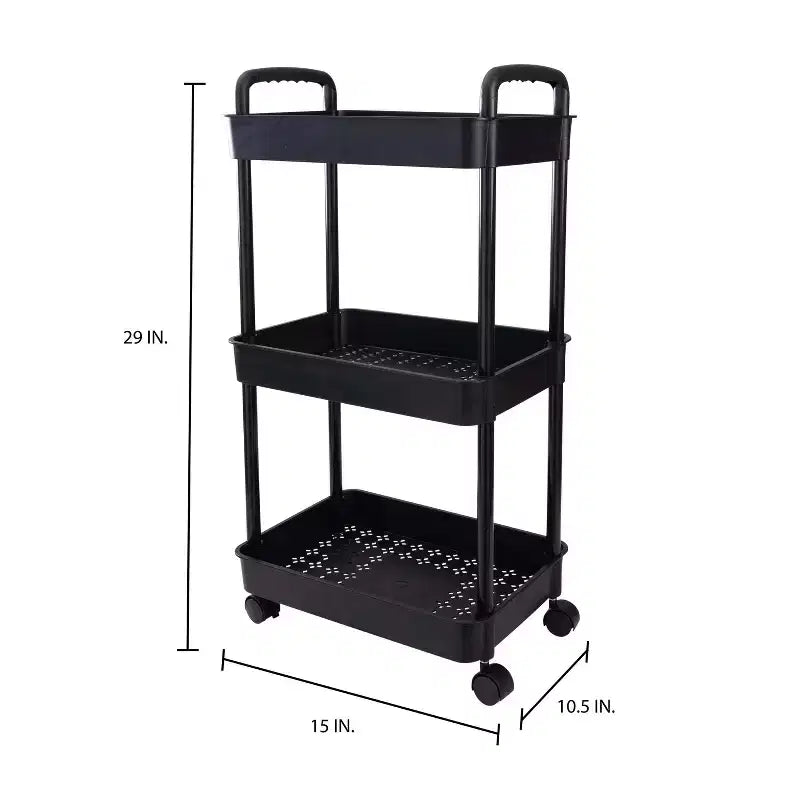 Organize It All 3 Tier Storage Rolling Utility Cart with Wheels Black