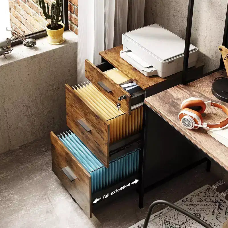 DEXYLLO 3 Drawer Rolling File Cabinet with Lock, Wood Filing Cabinet fits Letter / A4 Size for Home Office