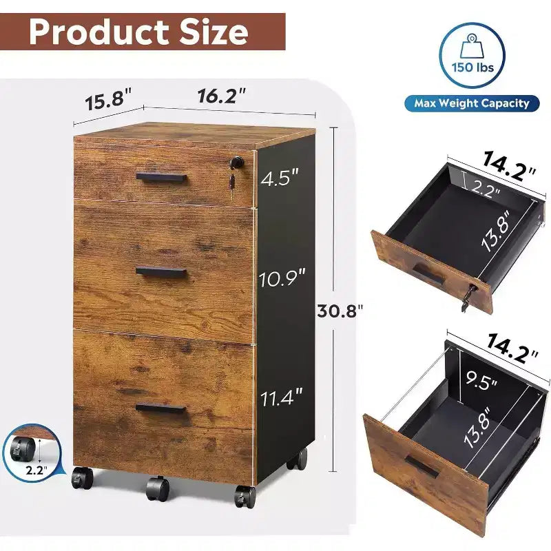 DEXYLLO 3 Drawer Rolling File Cabinet with Lock, Wood Filing Cabinet fits Letter / A4 Size for Home Office