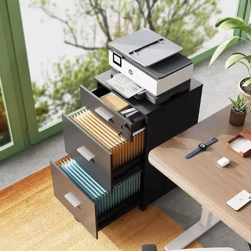 DEXYLLO 3 Drawer Rolling File Cabinet with Lock, Wood Filing Cabinet fits Letter / A4 Size for Home Office