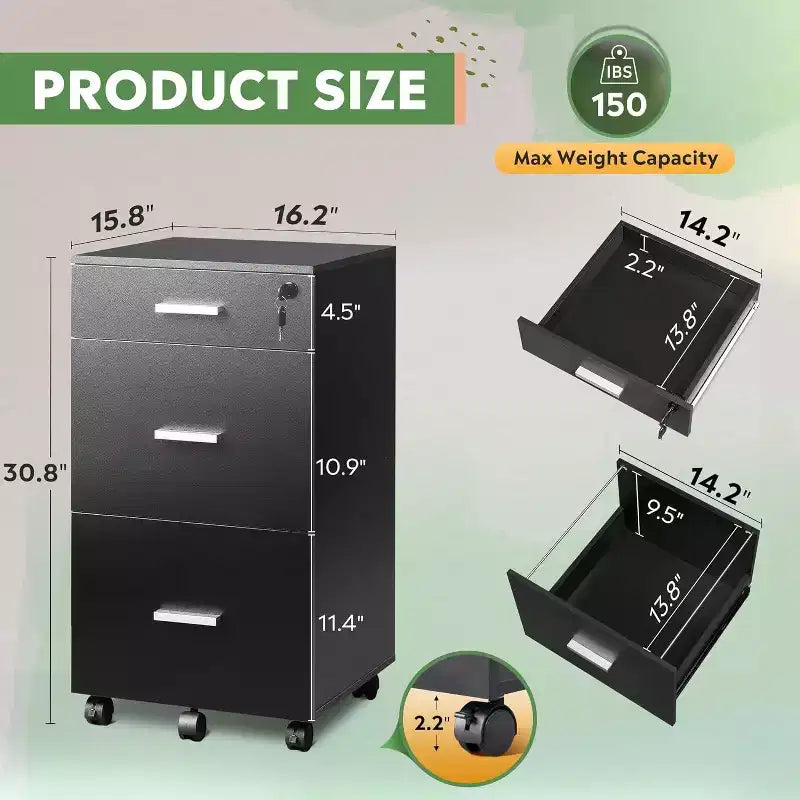 DEXYLLO 3 Drawer Rolling File Cabinet with Lock, Wood Filing Cabinet fits Letter / A4 Size for Home Office