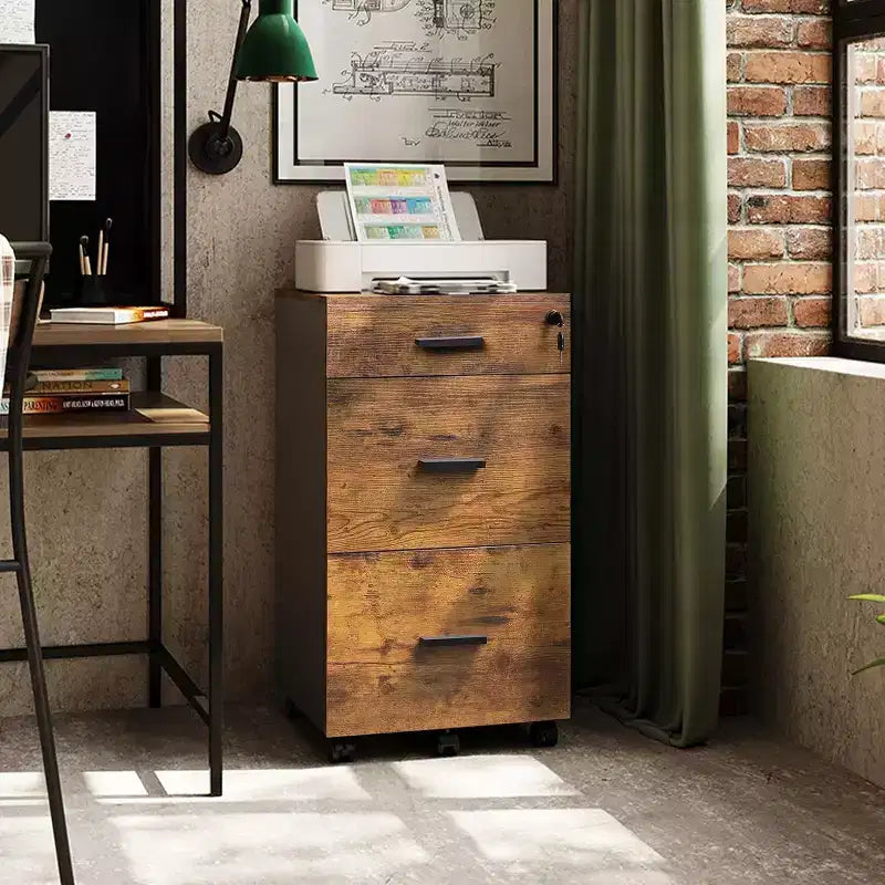 DEXYLLO 3 Drawer Rolling File Cabinet with Lock, Wood Filing Cabinet fits Letter / A4 Size for Home Office