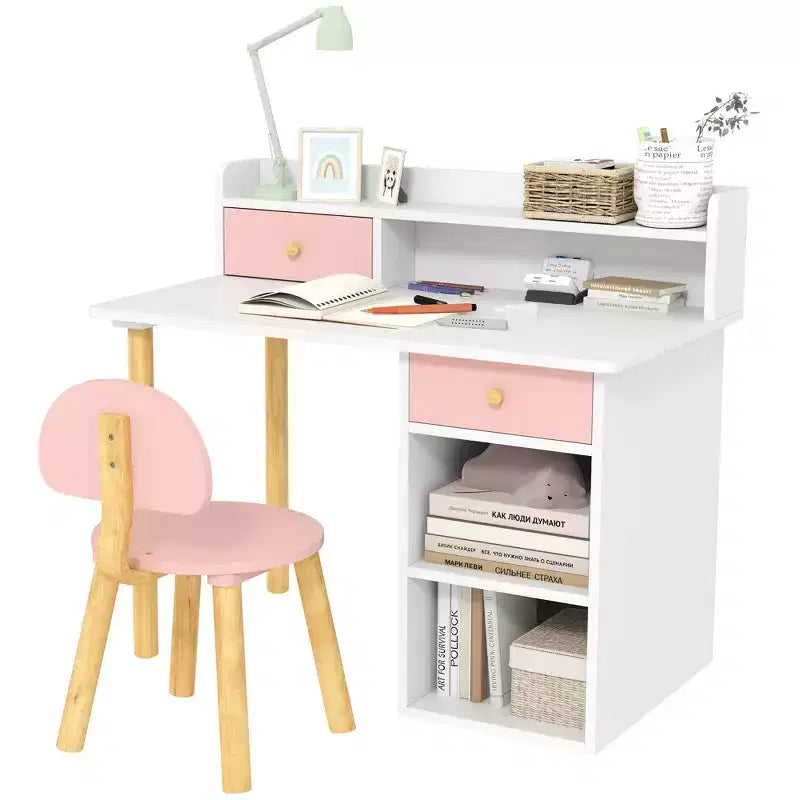 Qaba Kids Desk and Chair Set with Storage, Kids Study Desk for Bedroom & Study Room, Girls Boys Aged 3-8 Years, Pink