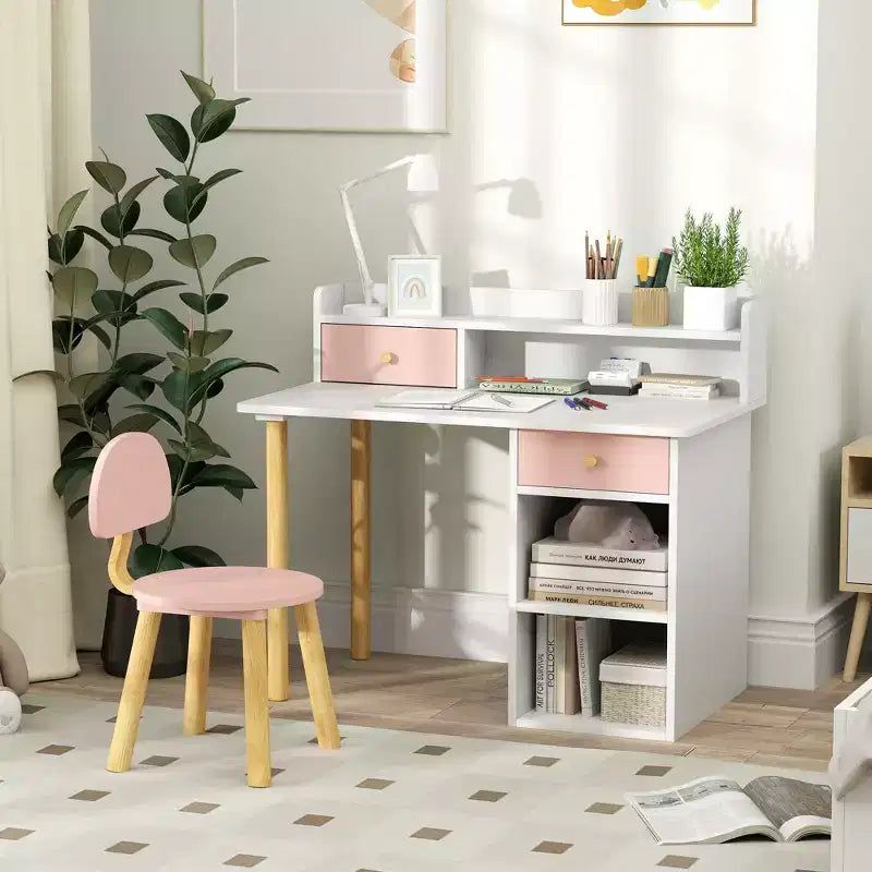 Qaba Kids Desk and Chair Set with Storage, Kids Study Desk for Bedroom & Study Room, Girls Boys Aged 3-8 Years, Pink