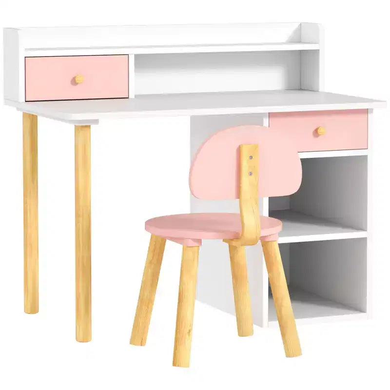 Qaba Kids Desk and Chair Set with Storage, Kids Study Desk for Bedroom & Study Room, Girls Boys Aged 3-8 Years, Pink