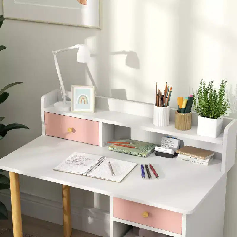 Qaba Kids Desk and Chair Set with Storage, Kids Study Desk for Bedroom & Study Room, Girls Boys Aged 3-8 Years, Pink