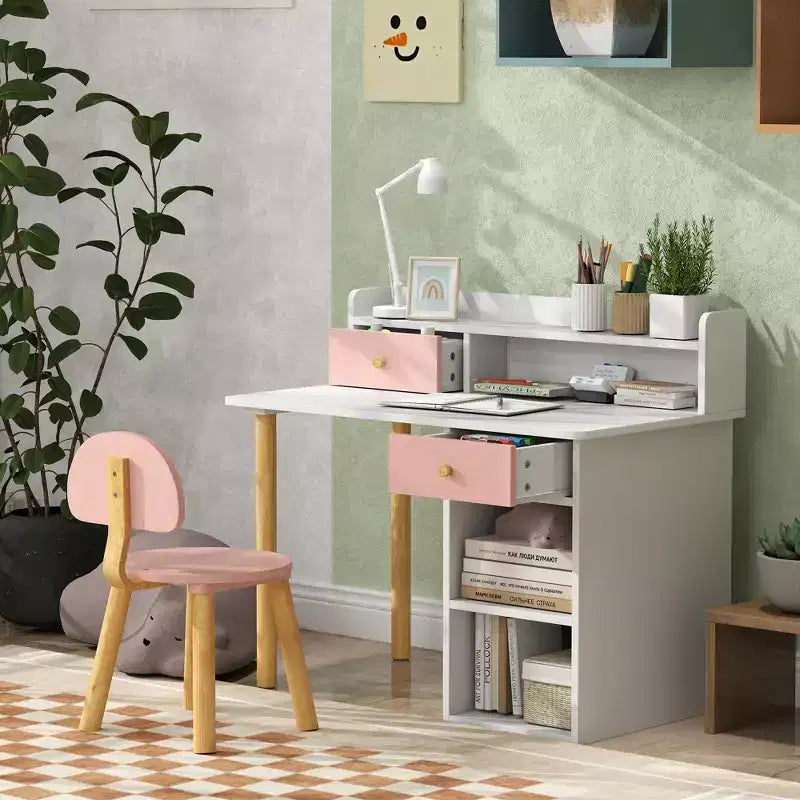 Qaba Kids Desk and Chair Set with Storage, Kids Study Desk for Bedroom & Study Room, Girls Boys Aged 3-8 Years, Pink