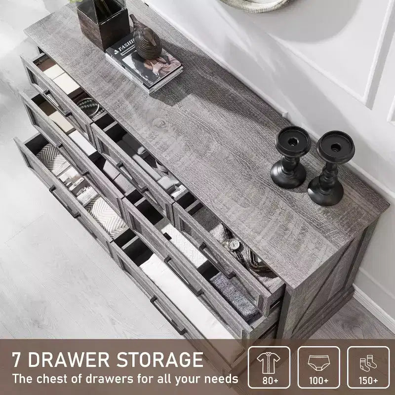 52 Wide Farmhouse 7 Drawers Dresser for Bedroom, Wood Chest of Drawers with Natural Texture for Bedroom, Living Room