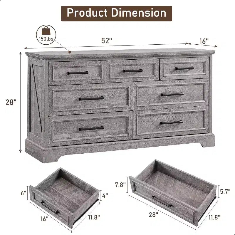 52 Wide Farmhouse 7 Drawers Dresser for Bedroom, Wood Chest of Drawers with Natural Texture for Bedroom, Living Room