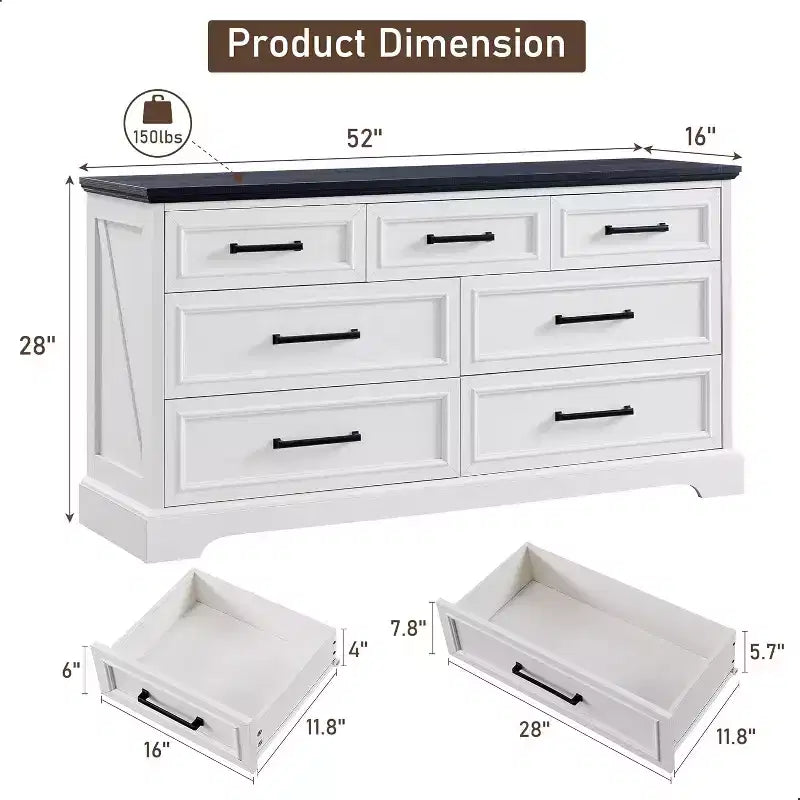 52 Wide Farmhouse 7 Drawers Dresser for Bedroom, Wood Chest of Drawers with Natural Texture for Bedroom, Living Room