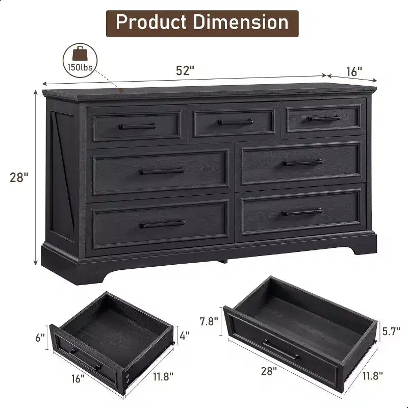 52 Wide Farmhouse 7 Drawers Dresser for Bedroom, Wood Chest of Drawers with Natural Texture for Bedroom, Living Room