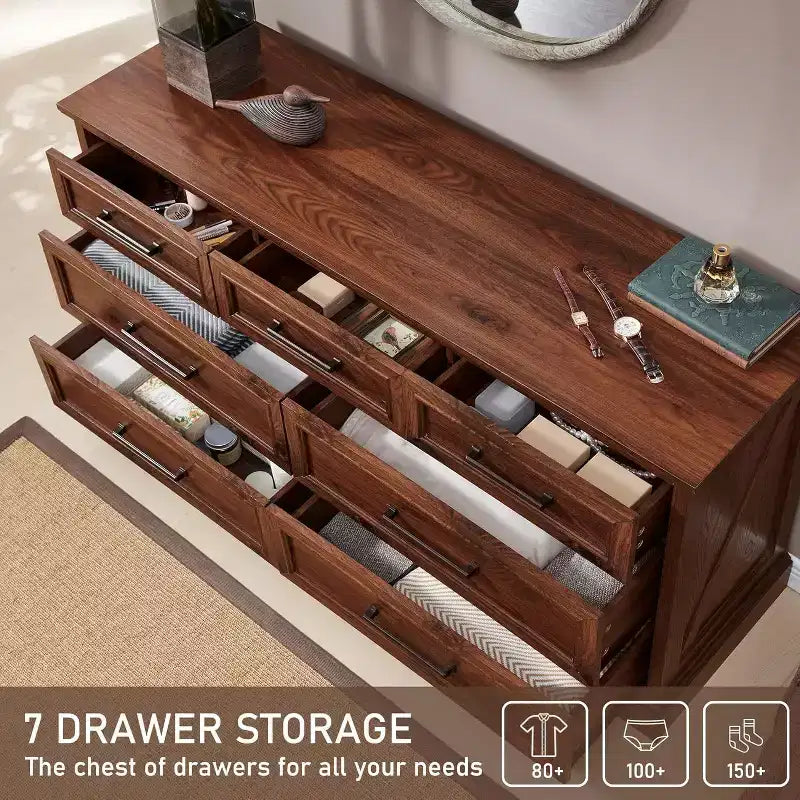 52 Wide Farmhouse 7 Drawers Dresser for Bedroom, Wood Chest of Drawers with Natural Texture for Bedroom, Living Room