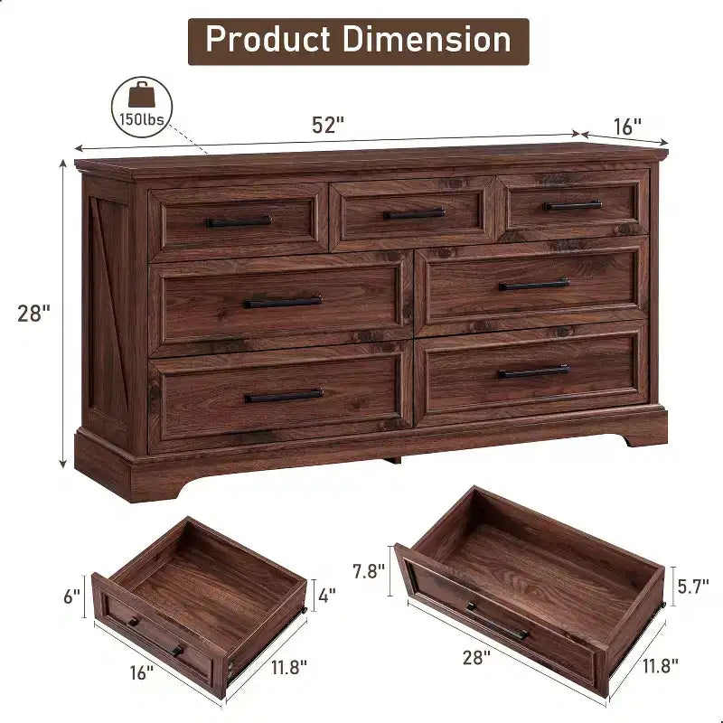 52 Wide Farmhouse 7 Drawers Dresser for Bedroom, Wood Chest of Drawers with Natural Texture for Bedroom, Living Room