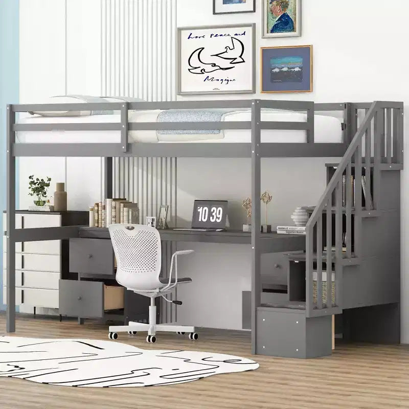 Twin Size Loft Bed Frame with Built-in Desk, Storage Stairs and 4 Drawers - ModernLuxe