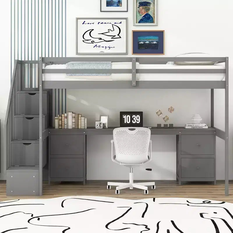 Twin Size Loft Bed Frame with Built-in Desk, Storage Stairs and 4 Drawers - ModernLuxe