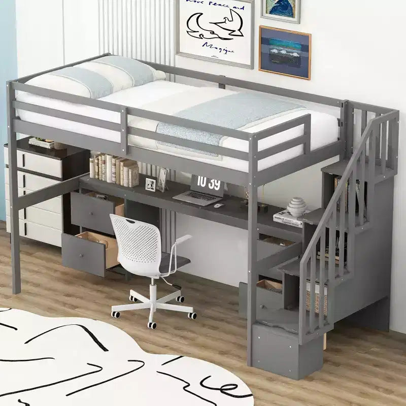 Twin Size Loft Bed Frame with Built-in Desk, Storage Stairs and 4 Drawers - ModernLuxe