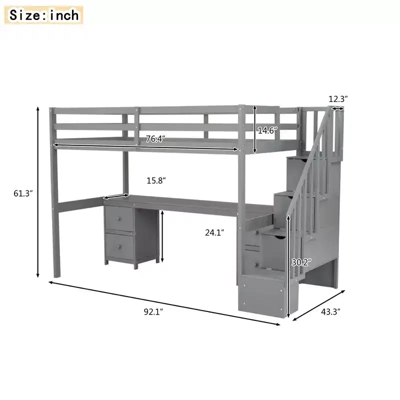 Twin Size Loft Bed Frame with Built-in Desk, Storage Stairs and 4 Drawers - ModernLuxe
