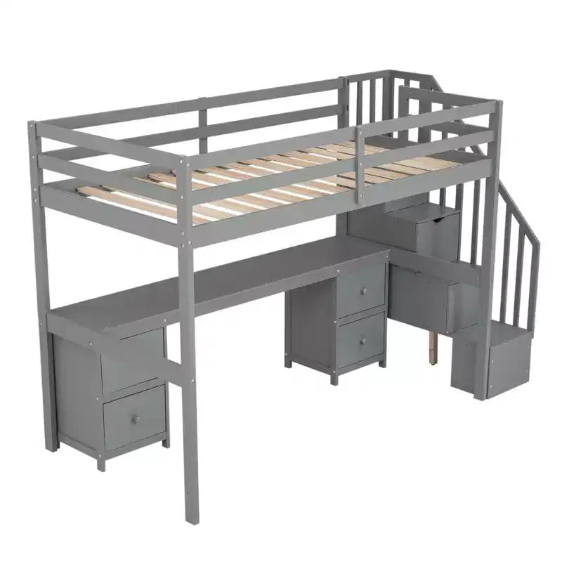 Twin Size Loft Bed Frame with Built-in Desk, Storage Stairs and 4 Drawers - ModernLuxe