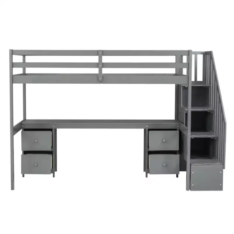 Twin Size Loft Bed Frame with Built-in Desk, Storage Stairs and 4 Drawers - ModernLuxe