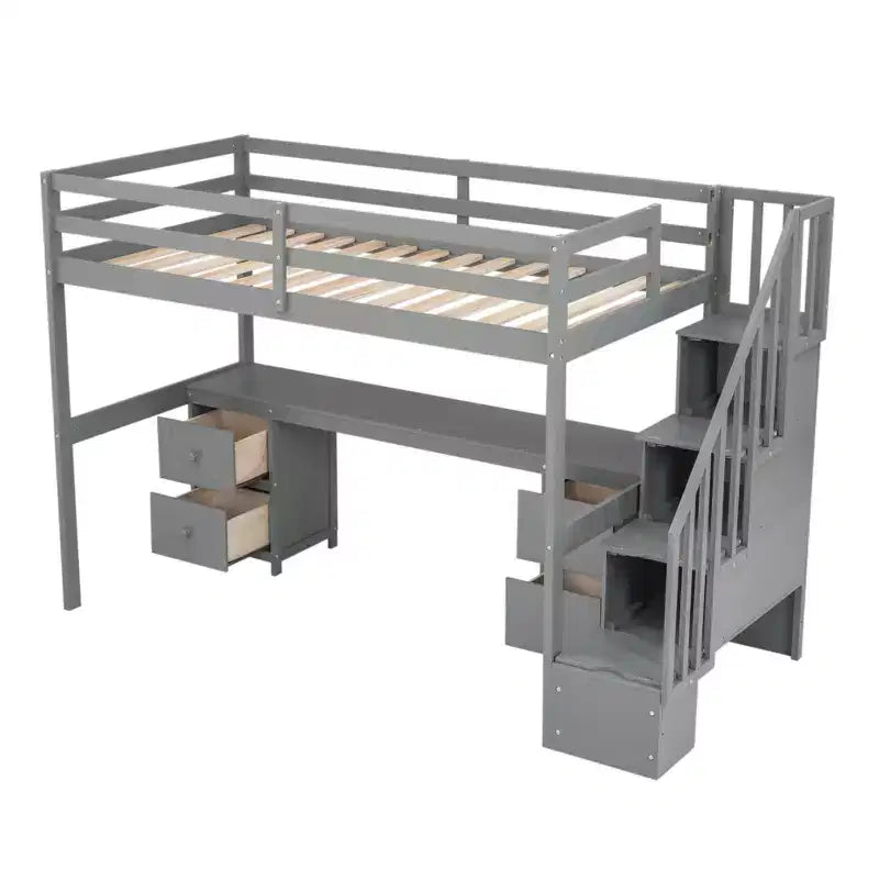 Twin Size Loft Bed Frame with Built-in Desk, Storage Stairs and 4 Drawers - ModernLuxe