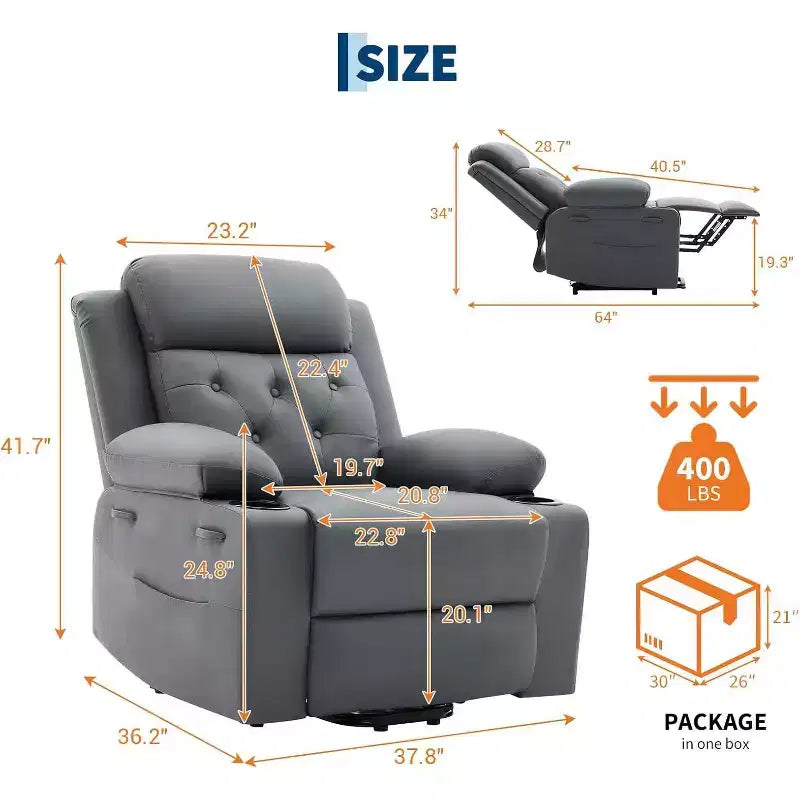 Recliner Chair for Living Room Oversized PU Leather Seat, Massage & Lumbar Heating, Dual Cup Holders, Side Storage Pockets