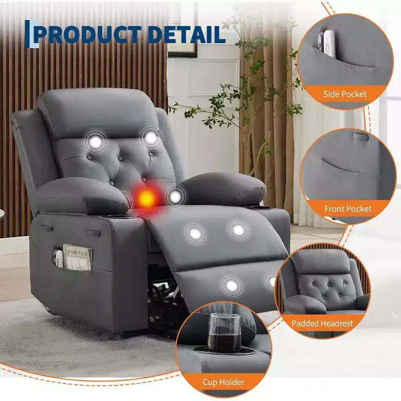Recliner Chair for Living Room Oversized PU Leather Seat, Massage & Lumbar Heating, Dual Cup Holders, Side Storage Pockets