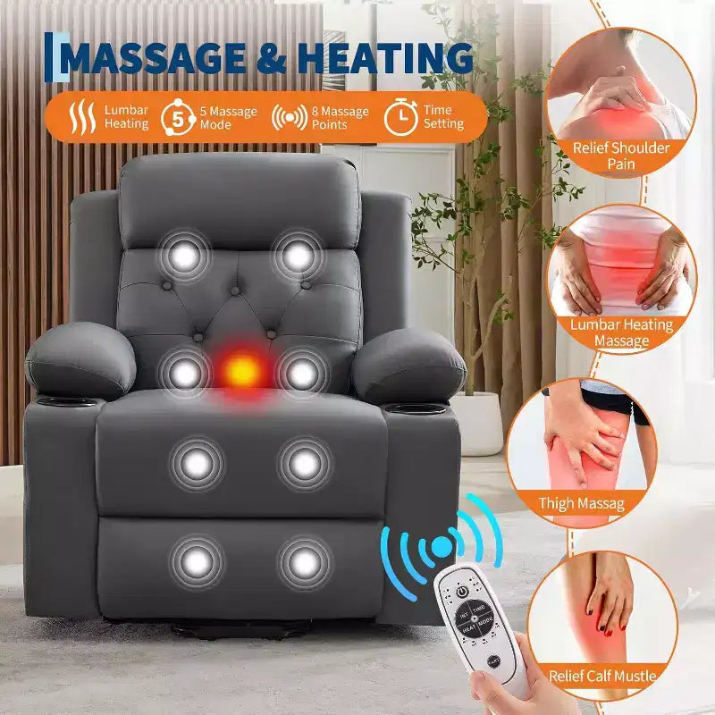 Recliner Chair for Living Room Oversized PU Leather Seat, Massage & Lumbar Heating, Dual Cup Holders, Side Storage Pockets