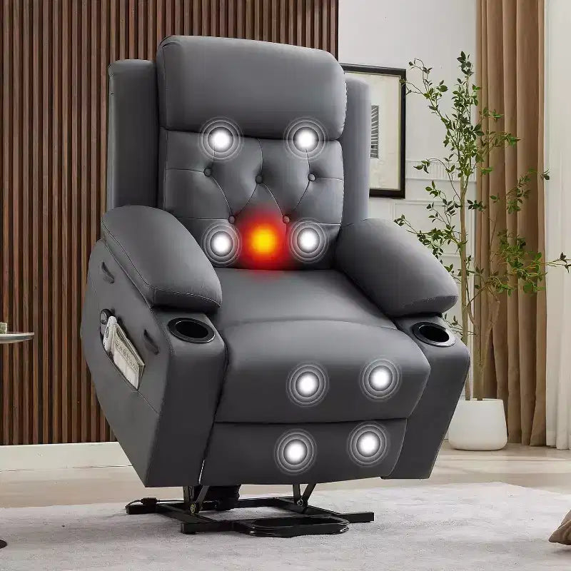 Recliner Chair for Living Room Oversized PU Leather Seat, Massage & Lumbar Heating, Dual Cup Holders, Side Storage Pockets