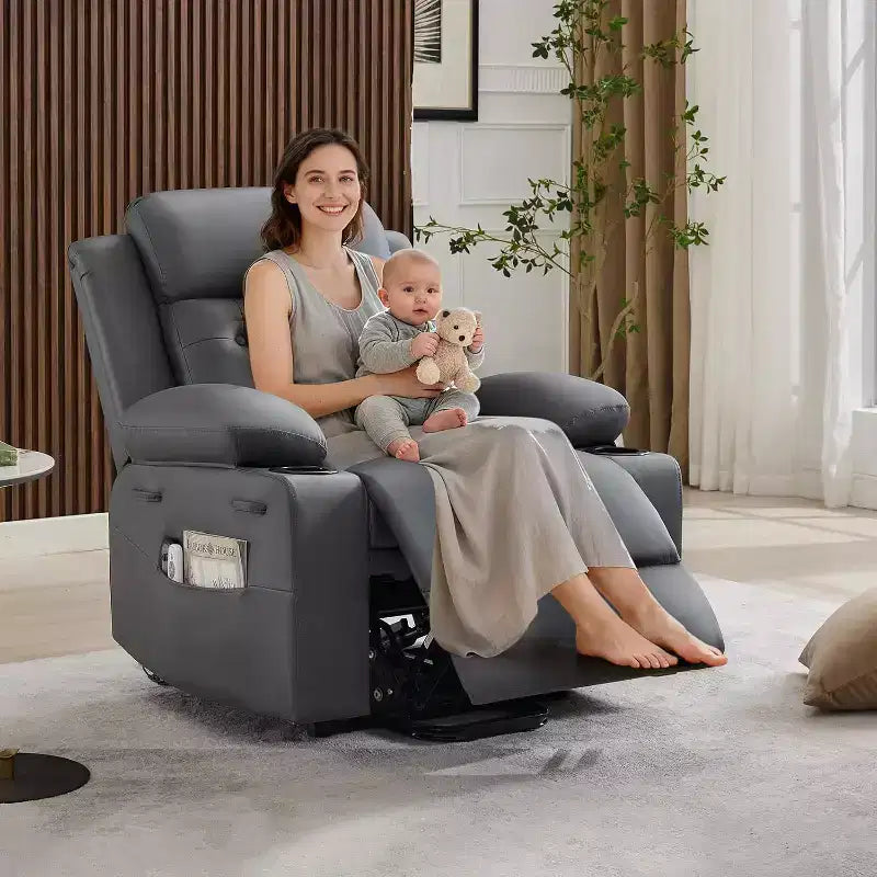 Recliner Chair for Living Room Oversized PU Leather Seat, Massage & Lumbar Heating, Dual Cup Holders, Side Storage Pockets