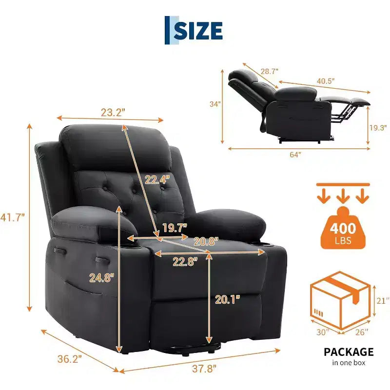 Recliner Chair for Living Room Oversized PU Leather Seat, Massage & Lumbar Heating, Dual Cup Holders, Side Storage Pockets