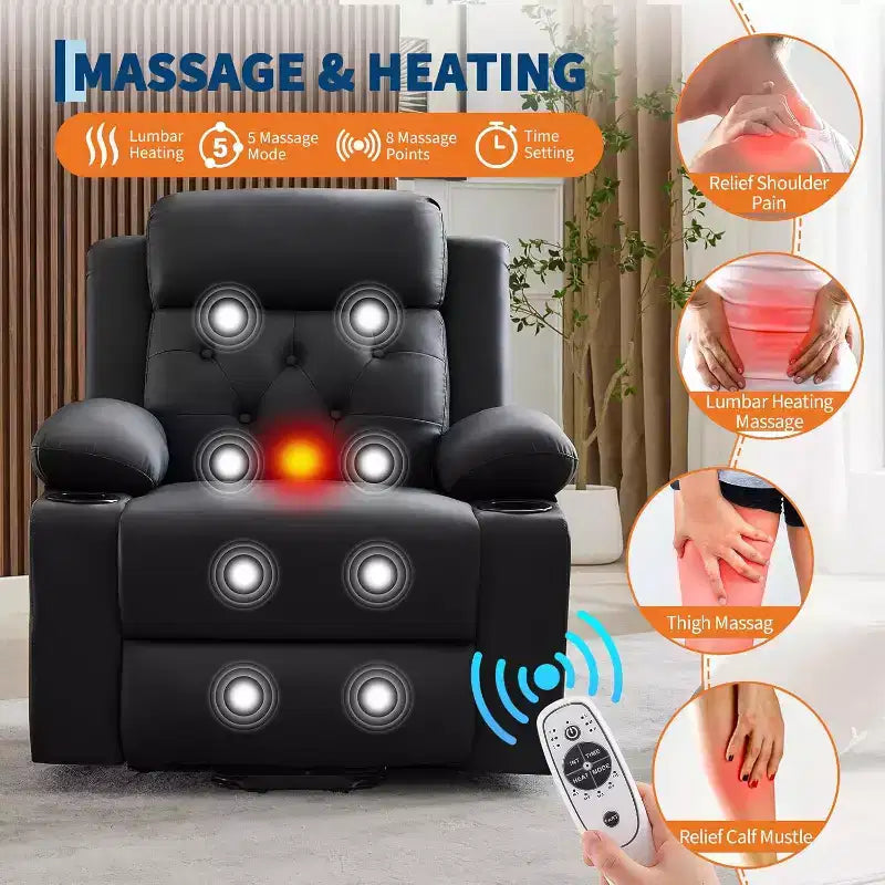 Recliner Chair for Living Room Oversized PU Leather Seat, Massage & Lumbar Heating, Dual Cup Holders, Side Storage Pockets
