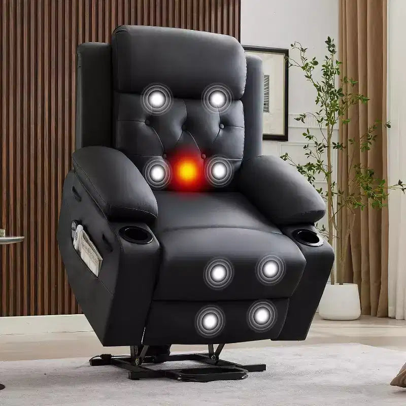 Recliner Chair for Living Room Oversized PU Leather Seat, Massage & Lumbar Heating, Dual Cup Holders, Side Storage Pockets