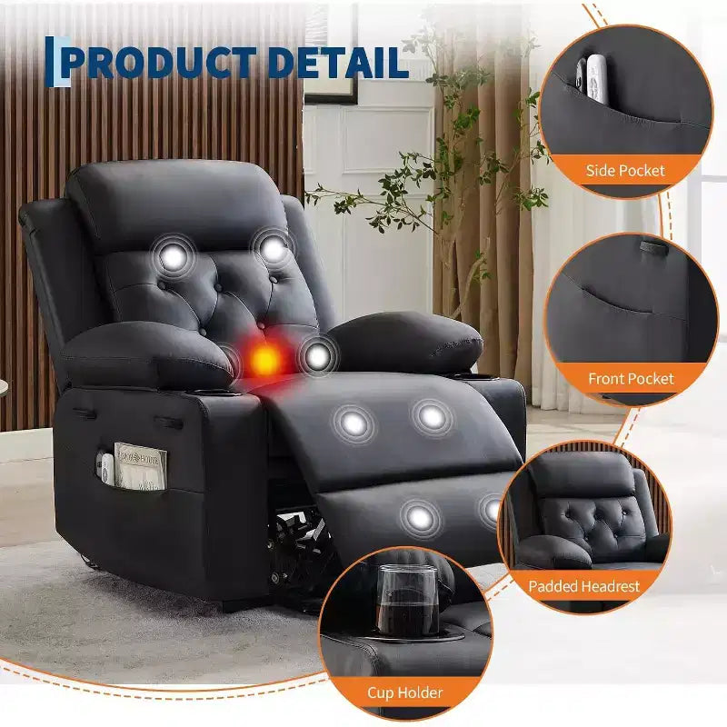 Recliner Chair for Living Room Oversized PU Leather Seat, Massage & Lumbar Heating, Dual Cup Holders, Side Storage Pockets