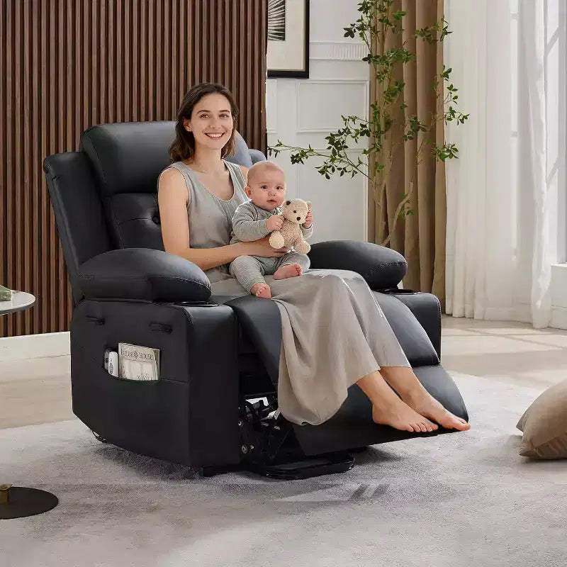 Recliner Chair for Living Room Oversized PU Leather Seat, Massage & Lumbar Heating, Dual Cup Holders, Side Storage Pockets